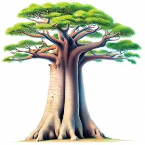 Рисунок баобаба с зелеными листьями на белом фоне темы африканской саванны