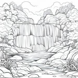 Раскраска водопад, впадающий в пруд