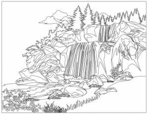 Раскраска «Водопад в горах»
