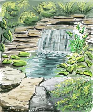 Digital, drawing, art, illustration, landscape, waterfall, pond, rock, цифровой рисунок, арт, иллюстрация, водоп…