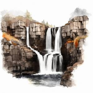 Акварельный рисунок водопада в горах