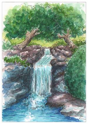 Скетч водопад акварелью