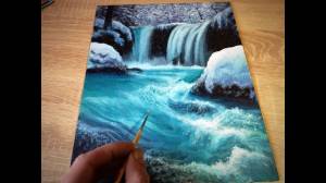 How to draw a waterfall with acrylic with emerald water color landscape painting lesson art