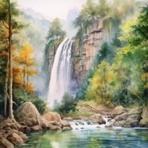 Акварельный рисунок водопада в горах