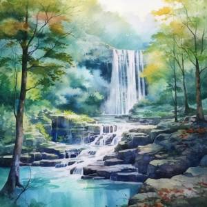 Акварельный рисунок водопада в лесу