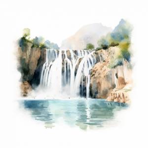 Акварельный рисунок водопада в горах