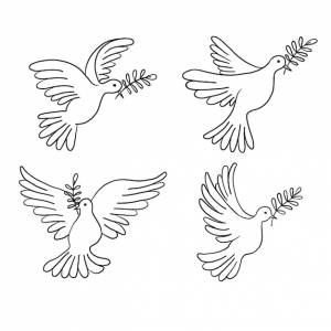 Набор летающих голубей с веткой и листьями голубь мира ручной рисунок линии