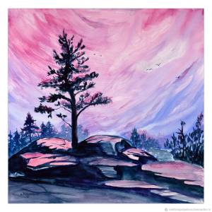 Алтай Пейзаж Розовый Закат Сосна в Горах Акварелью Картина в интернет-магазине Ярмарка Мастеров по цене 1360 ₽