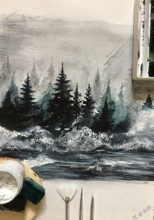 Рисунок леса акварелью