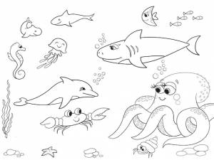 Морское дно с объектами морских животных векторная раскраска для детского мультфильма