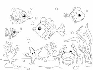 Детская раскраска подводный мир дно океана морские жители рыбы вектор