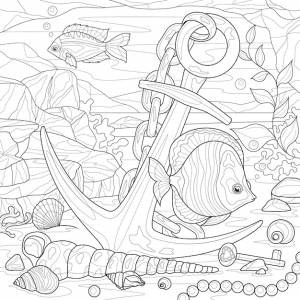 Якорь на морском дне с рыбой и сокровищамираскраска антистресс для детей и взрослых