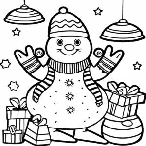 Раскраска со снеговиком и рождественскими подарками, генерирующий искусственный интеллект
