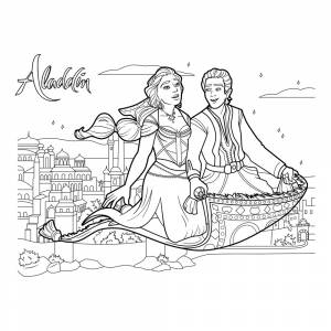 Раскраска Аладдин и Жасмин на ковре