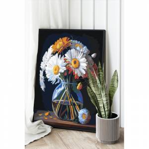 AAAA-NK253 Букет маргариток Натюрморт Цветы в вазе Ромашки Герберы Маме Интерьерная Раскраска картина по номерам на холсте недорого