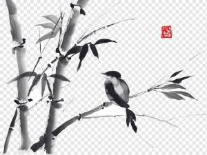 птица садится на бамбуковое дерево искусство, тушь роспись рисунок рисунок бамбук японское искусство, тушь бамбук, Акварельная живопись, чернила, фотография png
