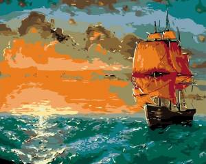 Картина по номерам ЖПН на холсте с подрамником Закат на море, Раскраска 40х50, Море Корабль Закат Парусник Океан