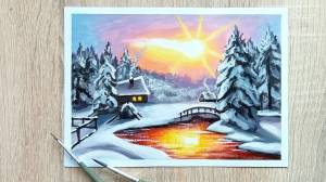 Зимний пейзаж рисунок легкий для детей