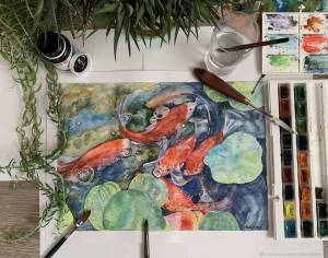 Карпы в пруду» акварельными красками в интернет-магазине Ярмарка Мастеров по цене 2380 ₽