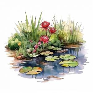 Акварельный рисунок пруда с красными цветами и кувшинками