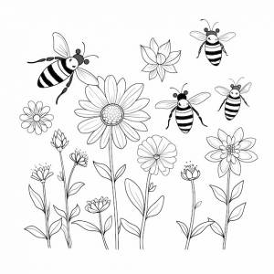 Причудливый сад для раскрашивания в стиле книги цветы с простой линией рисования пчелы