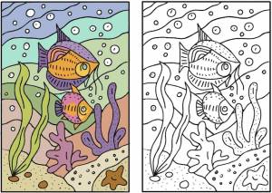 Раскраски море для детей антистресс рыбы водоросли галька волны черно белые рисованные