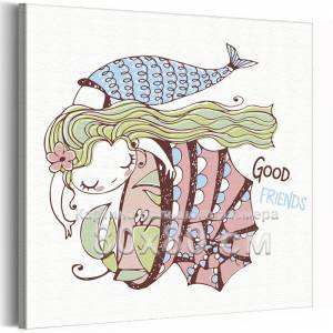 AAAA-C1963-80x80 Русалочка с крабом Море Океан Мифология Друзья Для детей Детские Для девочек 80х80 Раскраска картина по номерам на холсте недорого