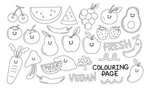 Фруктово-овощная раскраска для детей и взрослых с арбузом, черри, бананом, авокадо, помидорами