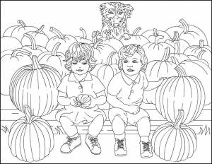 Раскраски Раскраска Дети собирают тыкву овощи